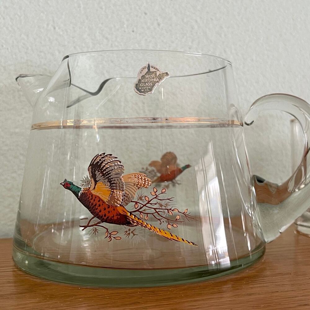 MCM West Virginia Glass Pheasants hand made juice pitcher and four juice glasses
